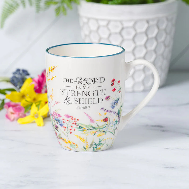 Mug The Lord Is My Strength & Shield Ceramic With Blue Rim - Psalms 28:7