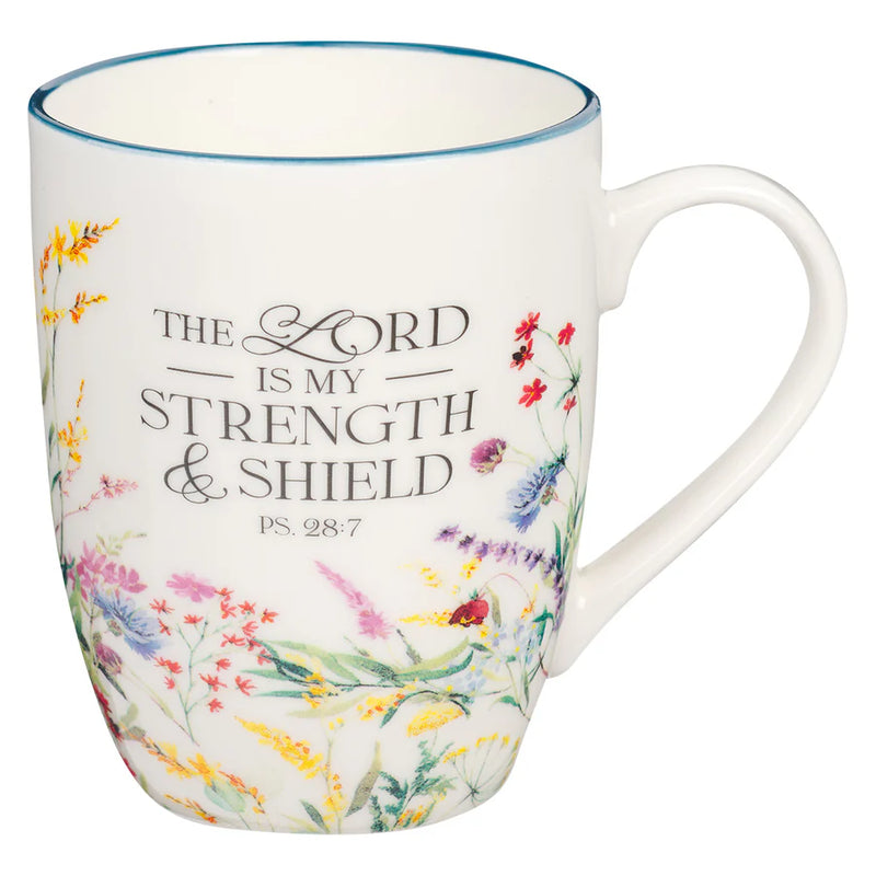 Mug The Lord Is My Strength & Shield Ceramic With Blue Rim - Psalms 28:7