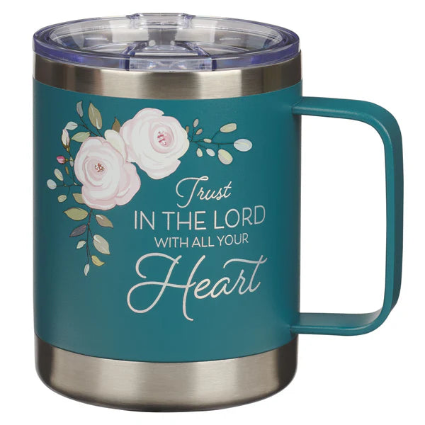 Stainless Steel Travel Mug Trust in the Lord Teal Floral Camp-Style - Proverbs 3:5