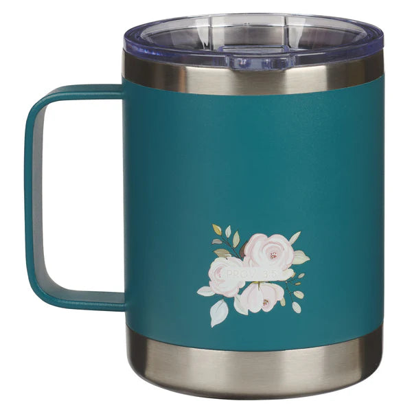 Stainless Steel Travel Mug Trust in the Lord Teal Floral Camp-Style - Proverbs 3:5