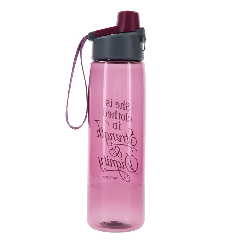 Strength And Dignity Pink Plastic Water Bottle - Proverbs 31:25