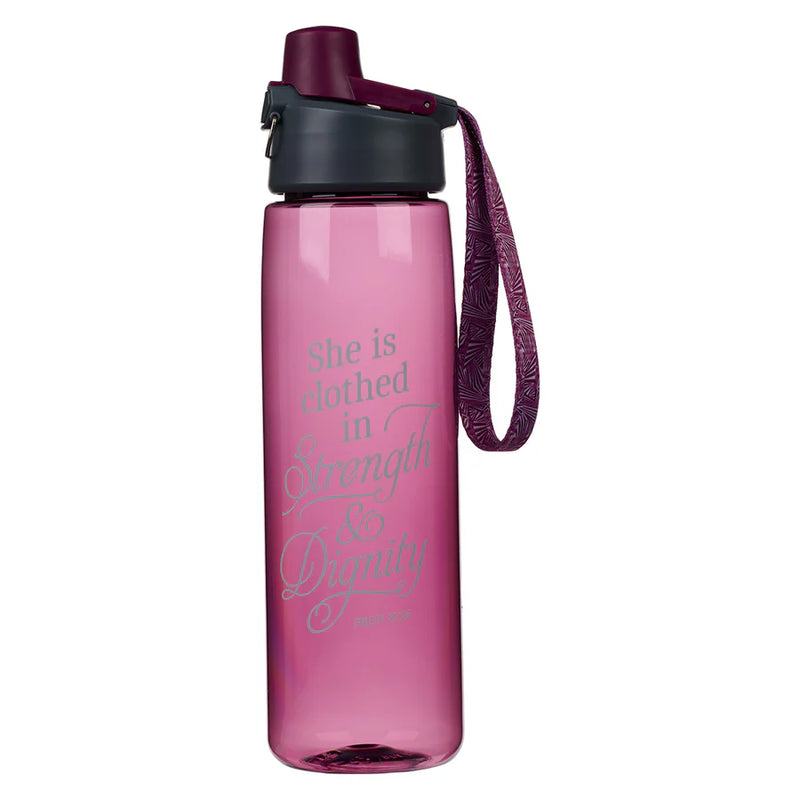 Strength And Dignity Pink Plastic Water Bottle - Proverbs 31:25