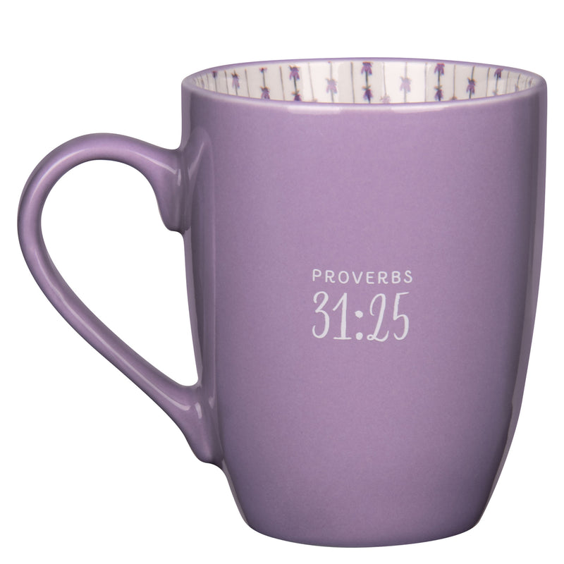 Mug She Is Clothed with Strength and Dignity Purple Ceramic