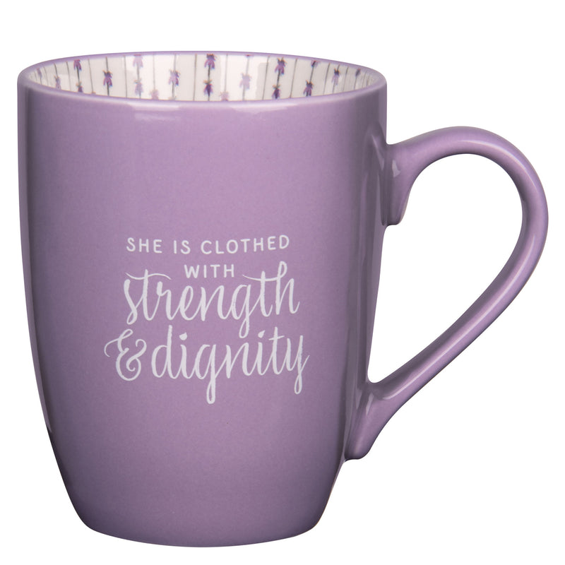 Mug She Is Clothed with Strength and Dignity Purple Ceramic