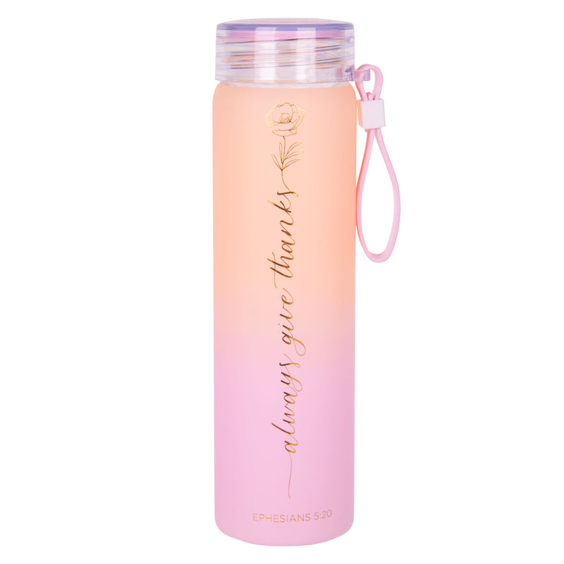 Always Give Thanks Orange and Pink Frosted Glass Water Bottle