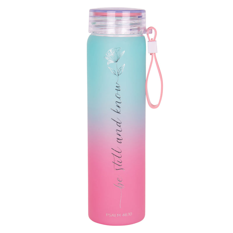 Be Still and Know Pink and Teal Frosted Glass Water Bottle