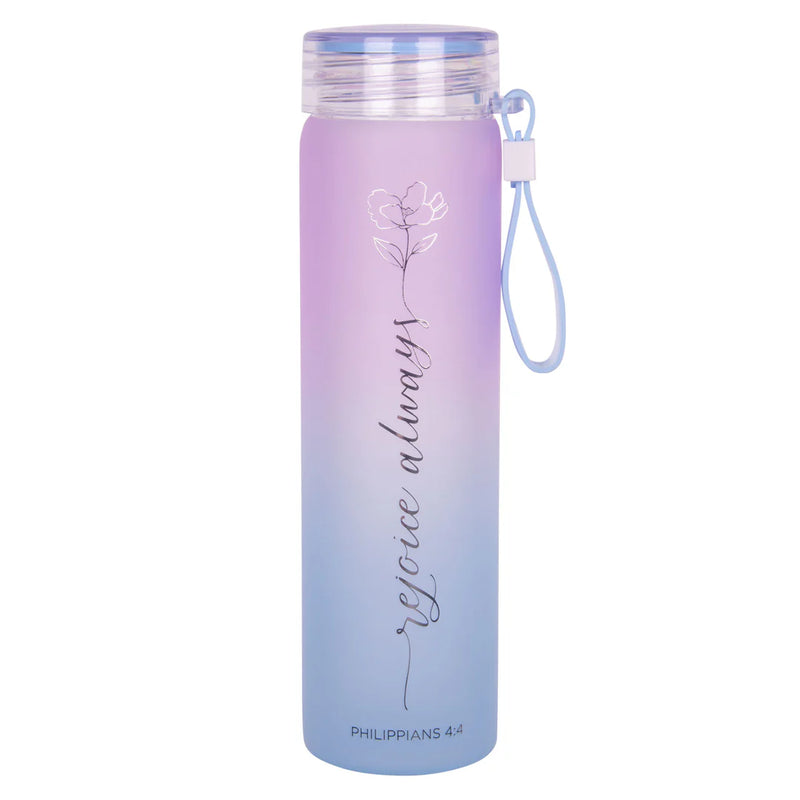 Rejoice Always Purple and Blue Frosted Glass Water Bottle