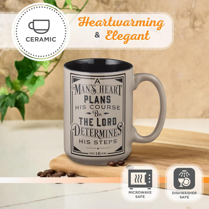 A Man's Heart Brown Ceramic Coffee Mug- Proverbs 16:9